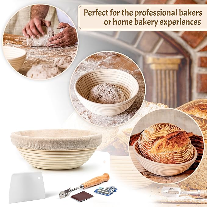 Sourdough Starter Kit for Beginners – 9” Banneton Bread Proofing Basket with 24oz Glass Sourdough Starter Jar & Sourdough Bread Baking Supplies, Easy No-Fail Kit, Gift for Home Bakers