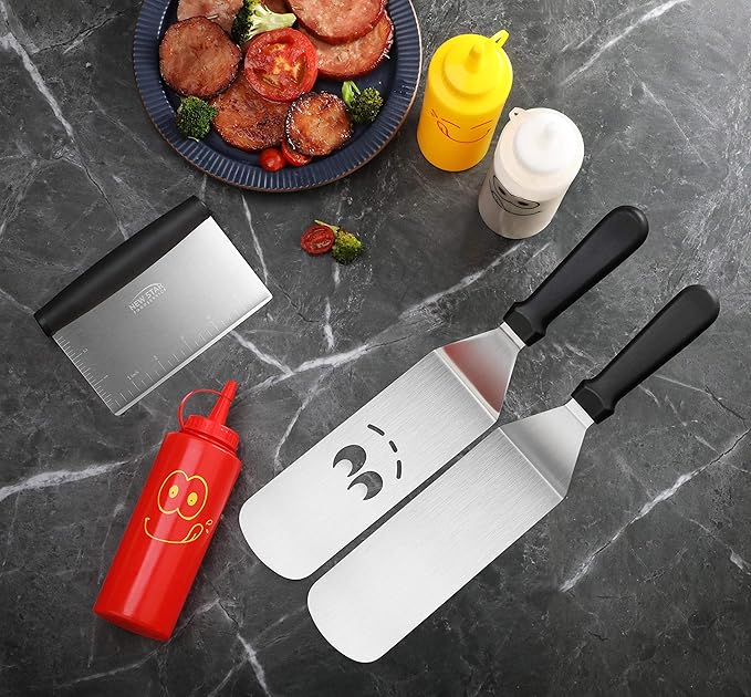 New Star Foodservice Stainless Steel BBQ/Griddle Tool Set, 6-Piece Set Includes Spatulas, Dough Scraper with Measurements, & Squeeze Bottle Set