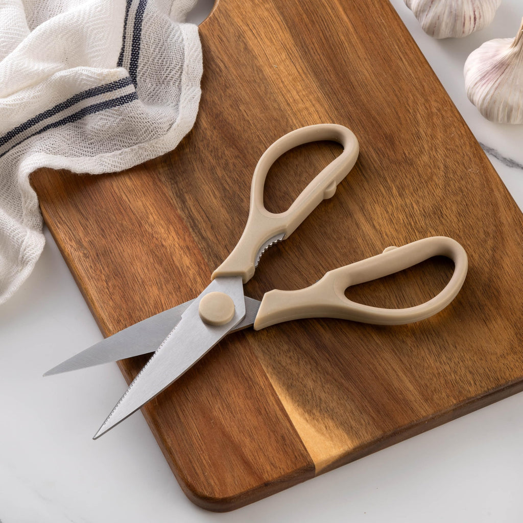 Rae Dunn Kitchen Scissors- Stainless Steel Kitchen Shears, Cooking Scissors for Cutting Meat, Chicken, Herbs and Produce with Blade Cover and Soft Grip Handles (Brown)