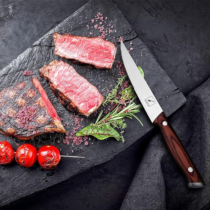 imarku Steak Knives Set of 6, Japanese HC Steel, Serrated, Gift Box