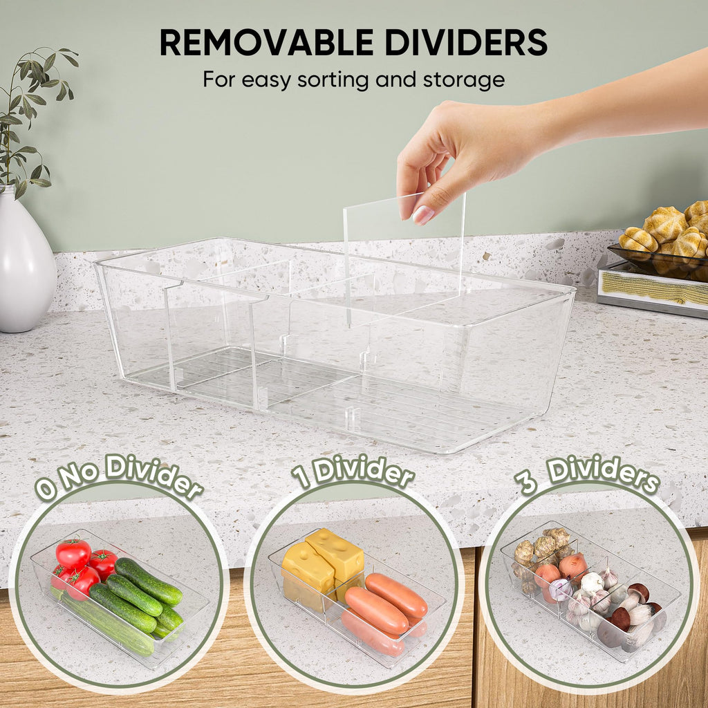 BALEINE Clear Plastic Storage Bins with 3 Removable Dividers, Pantry Organization, BPA Free Stackable Refrigerator Organizers and Storage for Kitchen Fridge Cabinet Bathroom (10.5x6.1x3.5, 4PK)