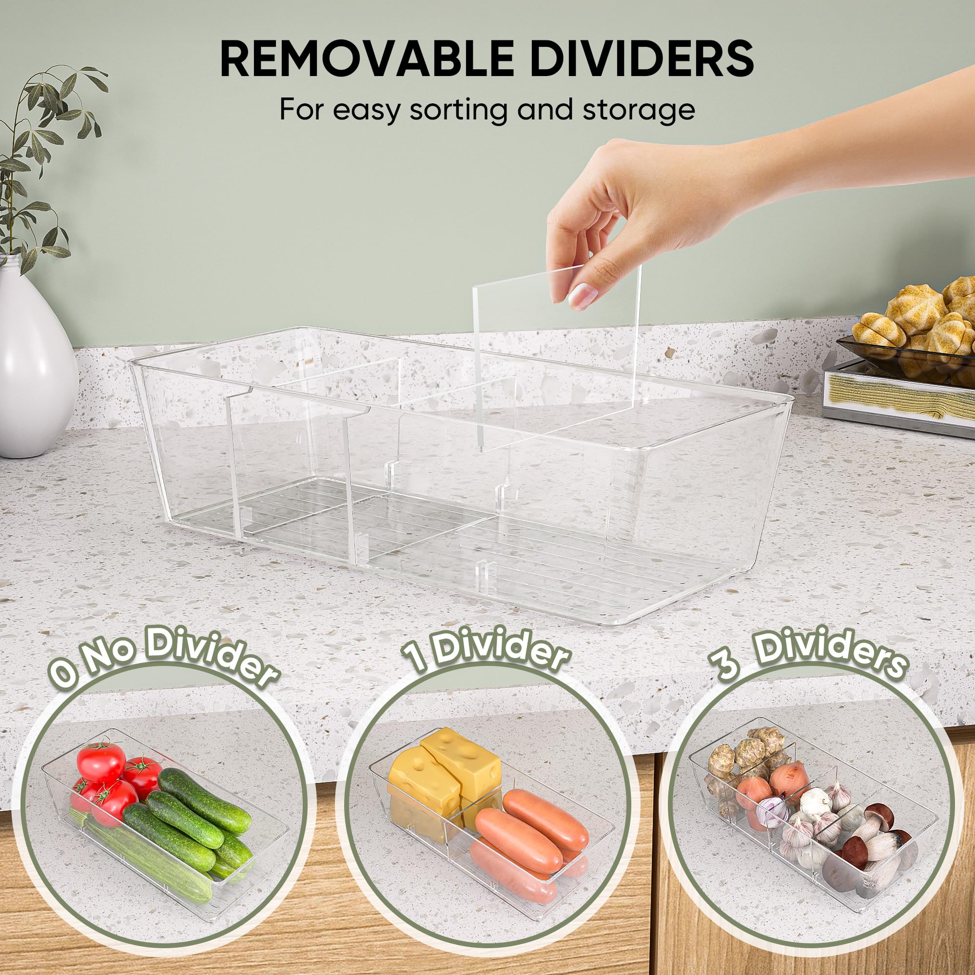 BALEINE Clear Plastic Storage Bins with 3 Removable Dividers, Pantry Organization, BPA Free Stackable Refrigerator Organizers and Storage for Kitchen Fridge Cabinet Bathroom (10.5x6.1x3.5, 4PK)
