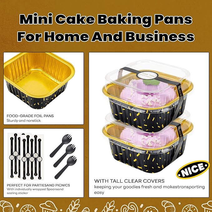 NPLUX Square Foil Cups with Lids, 50 Pack Black Gold 5oz for Bakery Gifts