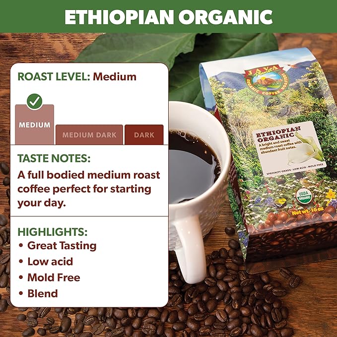 Java Planet Low Acid Organic Ethiopian Coffee Beans, Medium Roast, 16 oz