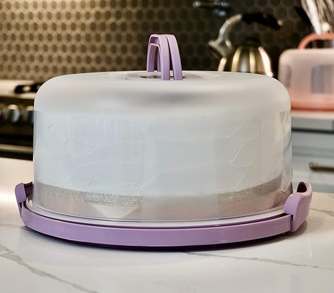 Top Shelf Elements Round Cake Carrier Two Sided Cake Holder Serves as Five Section Serving Tray, Portable Cake Stand Fits 10 inch Cake, Cake Box Comes With Handle, Cake Container Holds Pies (Lilac)
