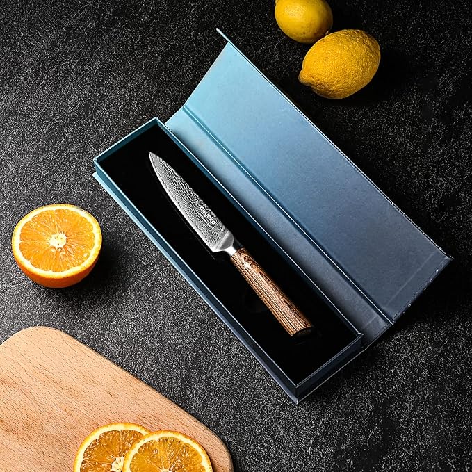 Aisyoko 5-Inch Paring Knife - Japanese VG-10 Super Steel 67-Layer Damascus Blade - Fruit Utility Knife for Carving & Peeling - Luxury Gift Box with Color Wooden Handle - Includes Scabbard