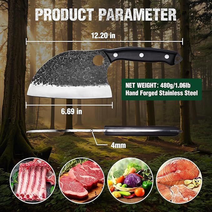 Mossy Oak Serbian Chef Knife, Meat Cleaver Knife with Genuine Leather Sheath, Hand Forged Heavy Duty Chopper Knife Full Tang Handle, Butcher Knife for Kitchen, Outdoor Cooking, Camping and BBQ