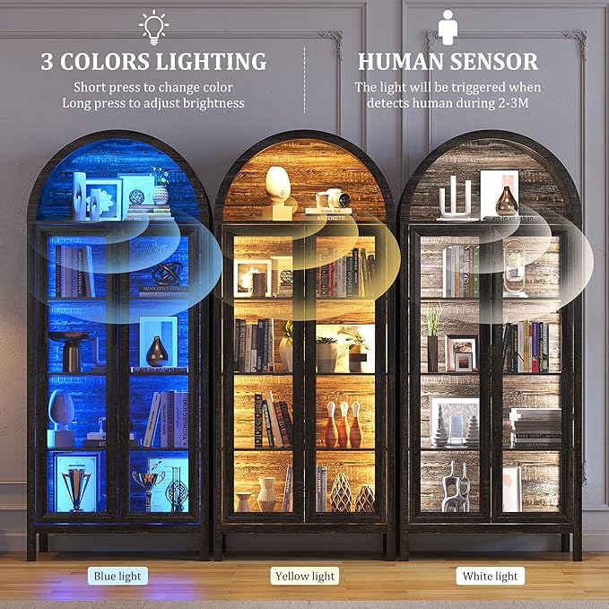 Dystler Arched Kitchen Pantry Cabinet with Glass Doors, Display Curio Case with 3 Color LED Lights for Collectibles, Modern 5-Tier Storage Hutch Cabinet Brown