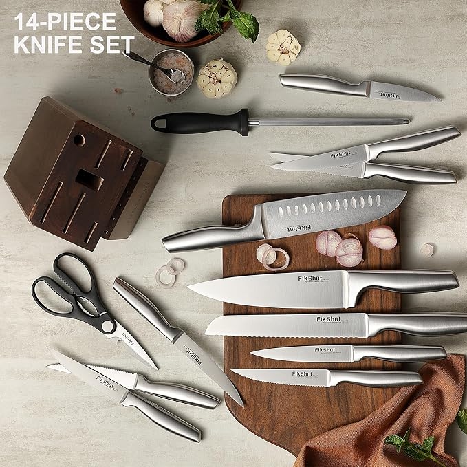 FIKSHOT 14 Pieces Knife Block Set German Stainless Steel with Sharpener