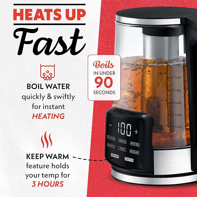 Gourmia Electric Glass Kettle – 1.7L Programmable Tea & Coffee Brewer with Digital Touch Display, 6 Presets, Removable Stainless Steel Infuser, Cordless with 360° Swivel Base, Peach