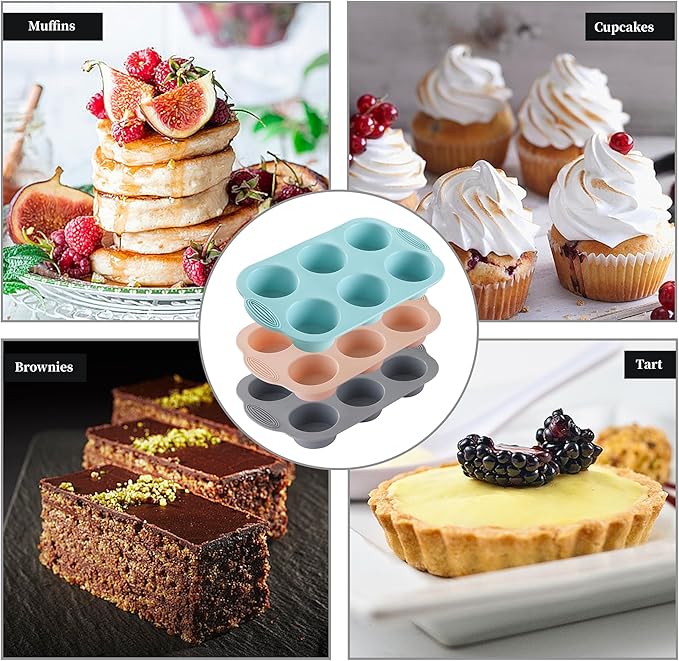 XZZWLL Silicone Muffin Pan, Food Grade Silicone Cupcake Molds for Baking Muffins and Cupcakes, 6-Cup Nonstick Cupcake Pan, Easy Cleaning and BPA-Free (Gray, Orange, Blue)