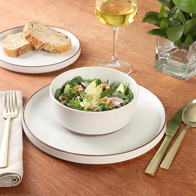 Gibson Elite Northrock Stoneware Dinnerware Set, 12-Piece Service for 4 Plates and Bowls Set – White Dishes with Hand-Painted Terracotta Base