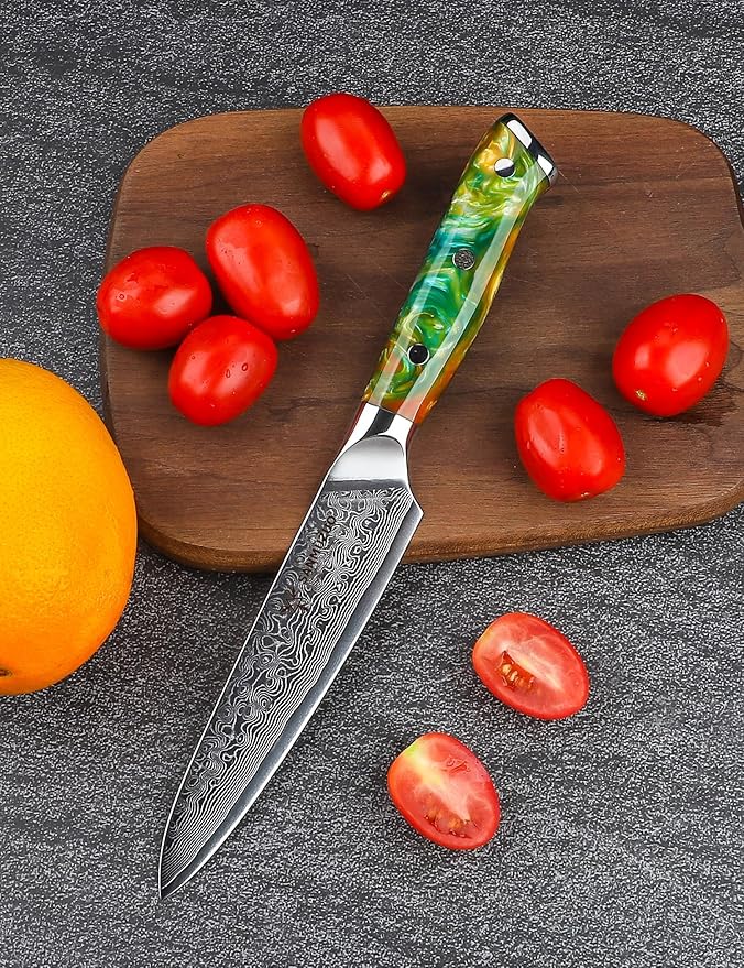 SANMUZUO 5 Inch Kitchen Utility Knife - Xuan Series Kitchen Knives - VG10 Damascus Steel with Resin Handle (Fantasy Orange)