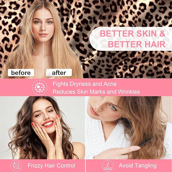 Silk Pillow Cases 2 Pack King Size with Hidden Zipper, Mulberry Silk Pillowcase for Hair and Skin, Smooth and Soft Breathable Cooling Silk Satin Pillowcase Set of 2, Gifts for Women，Leopard Brown