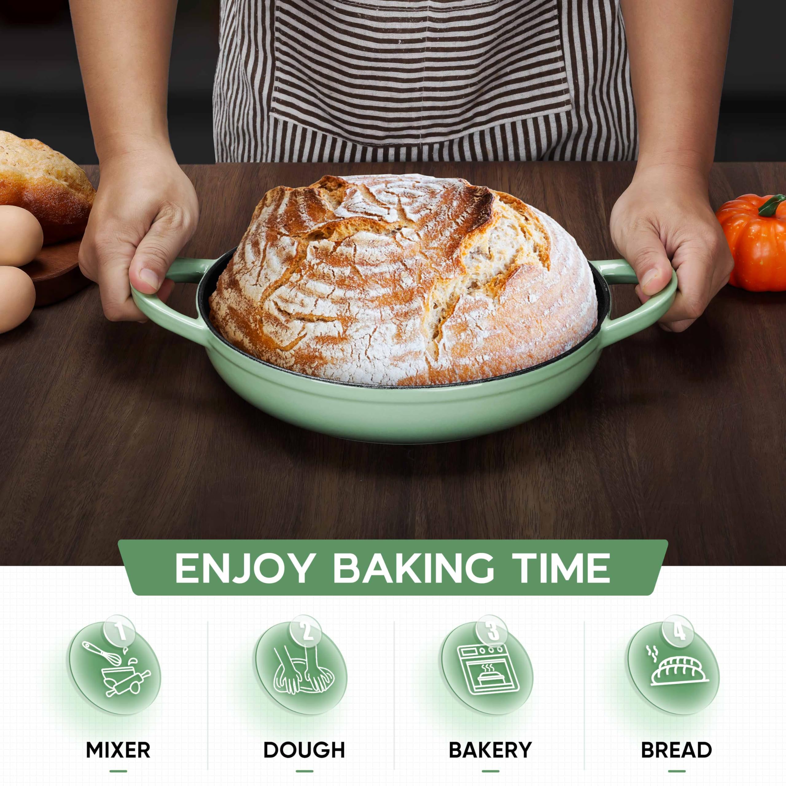 E-far Dutch Oven for Sourdough Bread Baking, 6 Qt Round Enameled Cast Iron Dutch Oven for Homemade Artisan Bread, Dome Lid & Shallow Base, Matte Black Interior & Durable, Oven-Safe to 500℉, Green