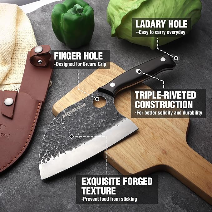 Mossy Oak Serbian Chef Knife, Meat Cleaver Knife with Genuine Leather Sheath, Hand Forged Heavy Duty Chopper Knife Full Tang Handle, Butcher Knife for Kitchen, Outdoor Cooking, Camping and BBQ