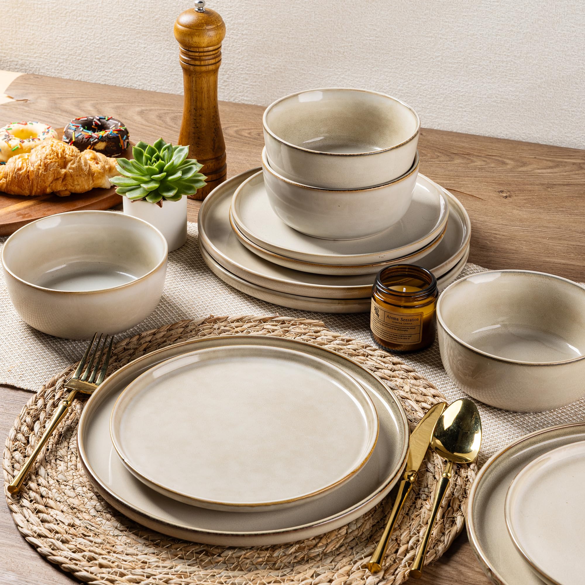 AmorArc Stoneware Dinnerware Sets for 6, 18Pcs Plates and Bowls Sets Dishes