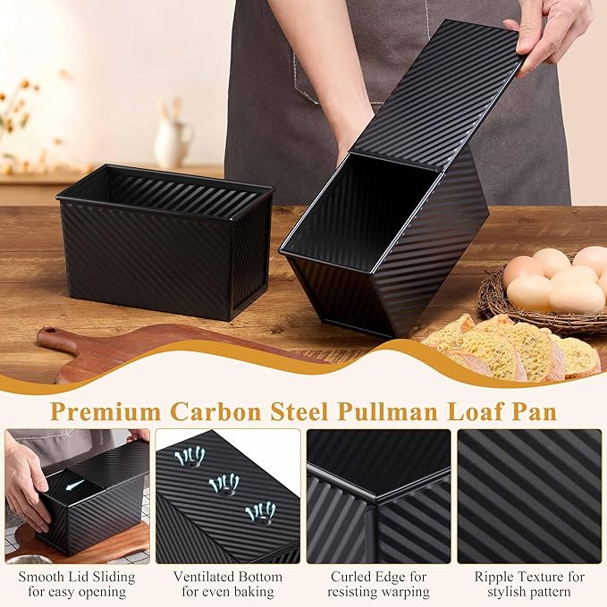 LIANYU 2 Pack Pullman Loaf Pan with Lid, 1 Pound Dough Bread Loaf Pans