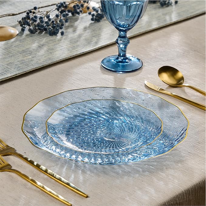 PLASTICPRO 30 Pack Plastic Plates Set of 15-10 inch Plate and 15-7 inch Plates, Elegant Clear Blue Spiral and Gold Rim Disposable Fancy Plate Premium Heavyweight