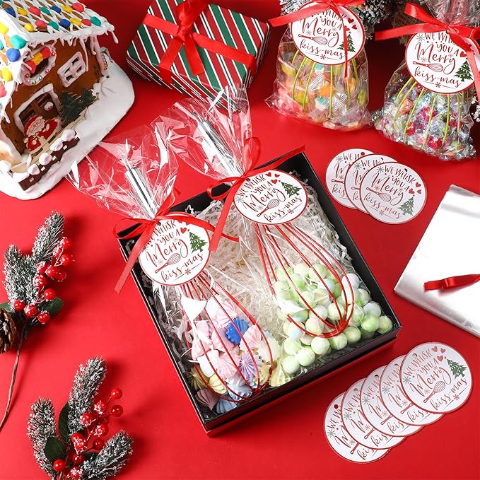 FoldTier 36 Sets 12 Inch Christmas Whisks Gifts DIY Fillable Christmas Tree Ornaments Xmas Colored Silicone Whisks for Cooking Heat Resistant Egg Beaters with Card Rope Bag for Candy Holder