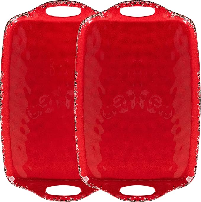 ZAROCRUS Christmas Large Melamine Serving Tray with Handle, Crackled Rustic Rectangle Melamine Serving Platter for Serving Food, Coffee Table Tray, Entertaining & Party Use, Set of 2, Christmas Red