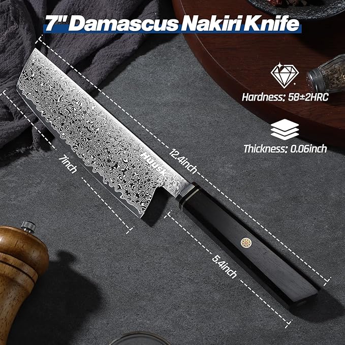 Huusk Damascus Nakiri Knife 7 Inch, Japanese Chopping Chef Knives