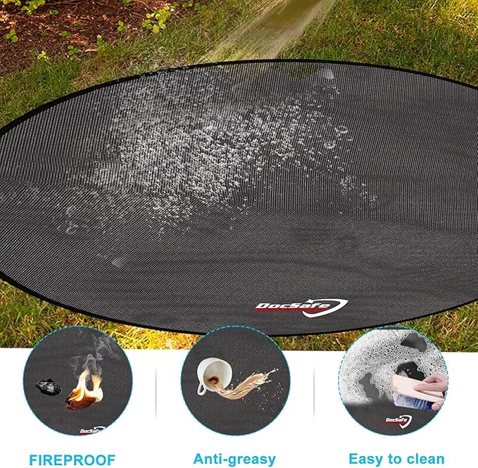 DocSafe 48" Round Fire Pit Mat, 4-Layer Fireproof Under Grill Mat Heat Insulated Indoor Fireplace Pad Protector for Decks,Patios,Grass,Solo Stove Bonfire, Reusable Oil-Proof and Waterproof, Black
