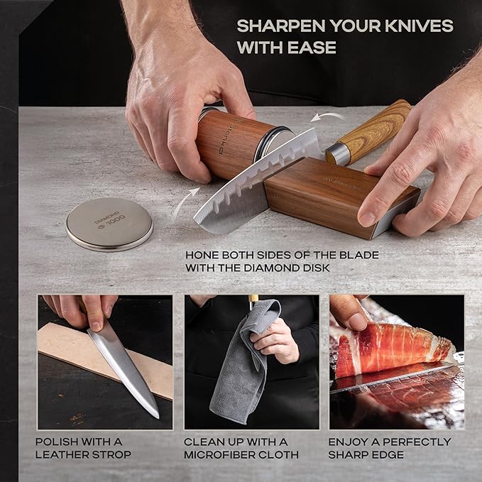 Stonka Walnut Rolling Knife Sharpener Kit – Premium Dark Wood, Diamond Wheels, Magnetic Angle Guide 15° & 20°, Leather Strop – Giftable Packaging