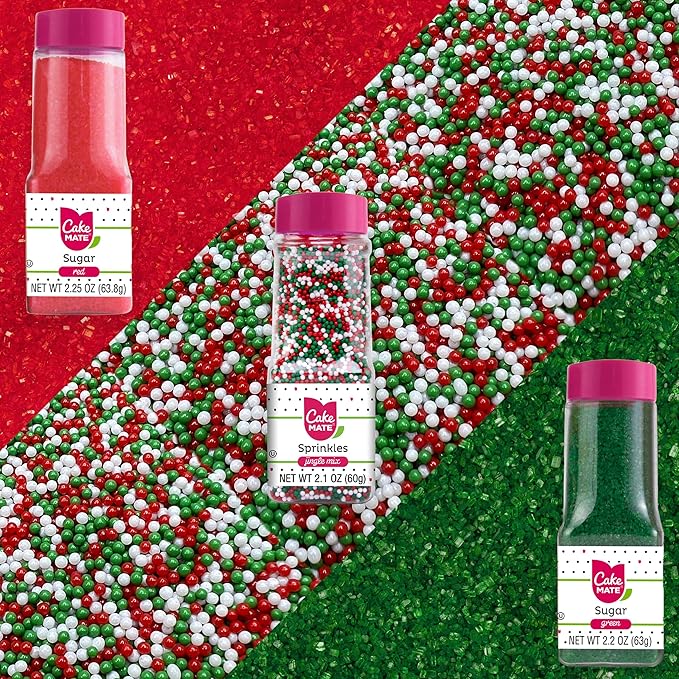Cake Mate Christmas Cookie Decorating Kit – Red & Green Decorating Sugar (2.25 oz), White, Red & Green Cookie Icing Pouches (7 oz), Jingle Mix Non Pareil (2.1 oz) – Holiday, Cake, Cupcake & Dessert