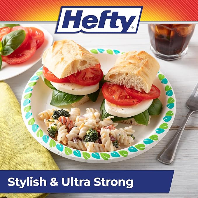Hefty Compostable Paper Plates, 8.6 Inches, 30 Count, Patterned Disposable Plates for BBQs, Parties, Holidays, Potlucks, and Everyday, Soak-Resistant, Made with Plant-Based Materials, Microwave Safe
