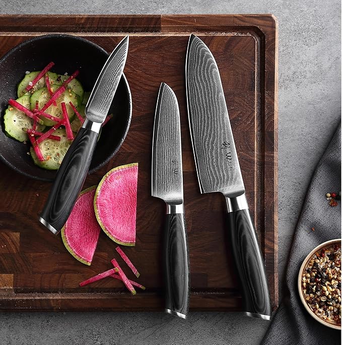 Wakoli Mikata Santoku Knife Set, 3-Piece VG10 Damascus, Micarta Handles