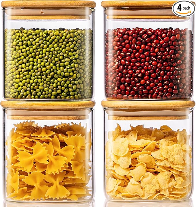 27oz Square Glass Food Storage Containers with Airtight Bamboo Lids, 4 Pack