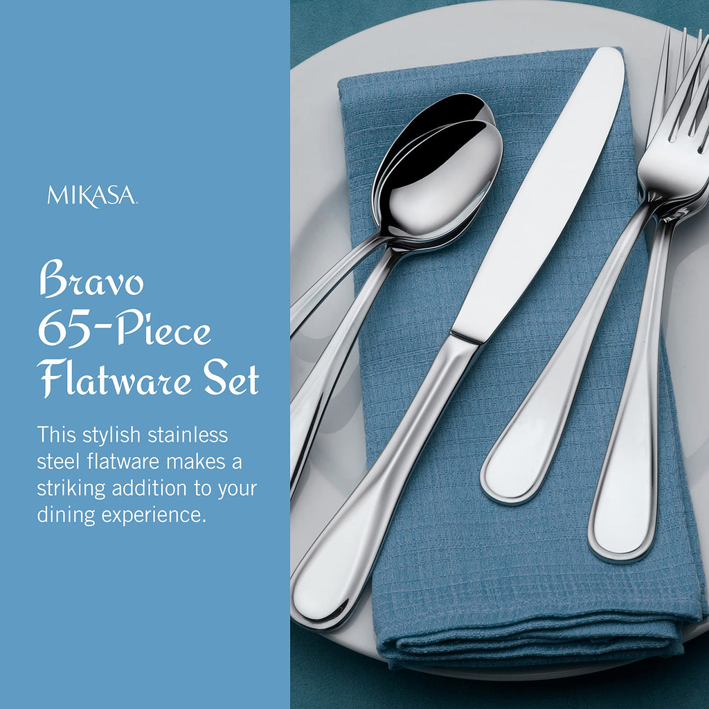 Mikasa Bravo 65-Piece Flatware Set, Service for 12, 18/10 Stainless Steel Silverware with Mirror Finish, Includes 5 Serving Utensils, Dishwasher Safe