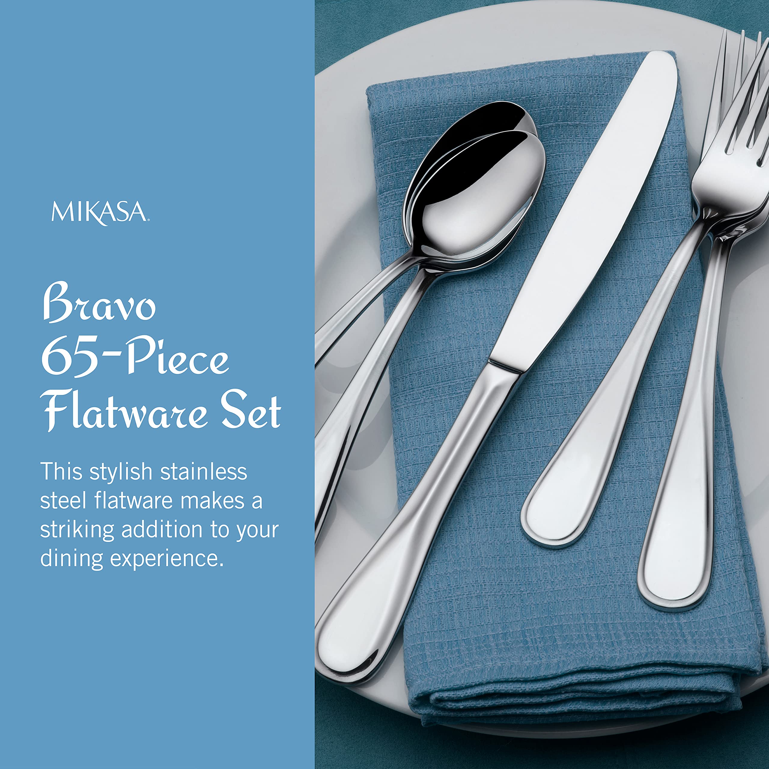 Mikasa Bravo 65-Piece Flatware Set, Service for 12, 18/10 Stainless Steel Silverware with Mirror Finish, Includes 5 Serving Utensils, Dishwasher Safe