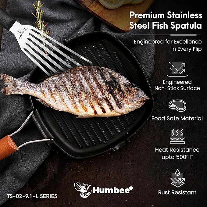 HUMBEE 9 Inches Fish Turner, Slotted Fish Spatula Dishwasher Safe NSF (Left Hand), Shovel Black
