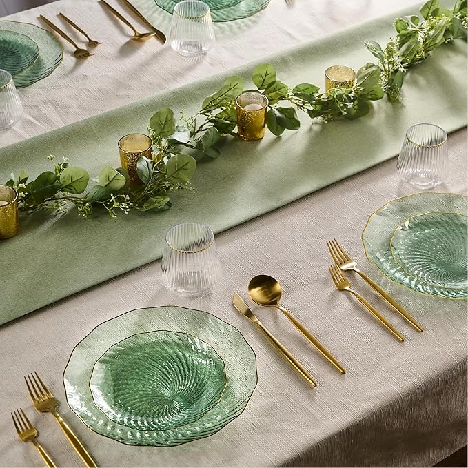 PLASTICPRO 30 Pack Plastic Plate Set of 15-10 inch Plates and 15-7 inch Plates, Elegant Clear Green Spiral and Gold Rim Disposable Fancy Plate Premium Heavyweight