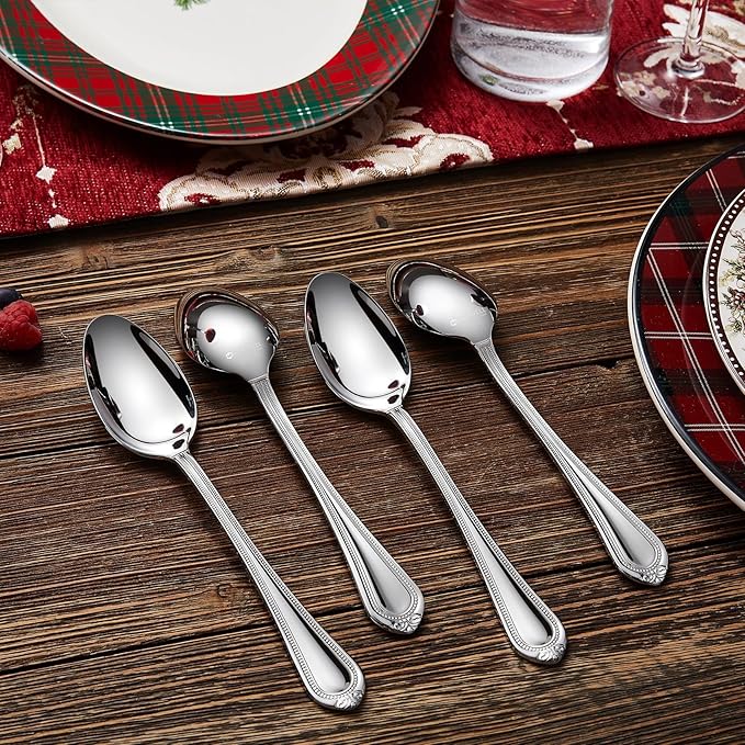 KEAWELL Pearl Edge 4-Piece 7.56-Inch Spoons (Silver, 7.56" Dinner Spoons)