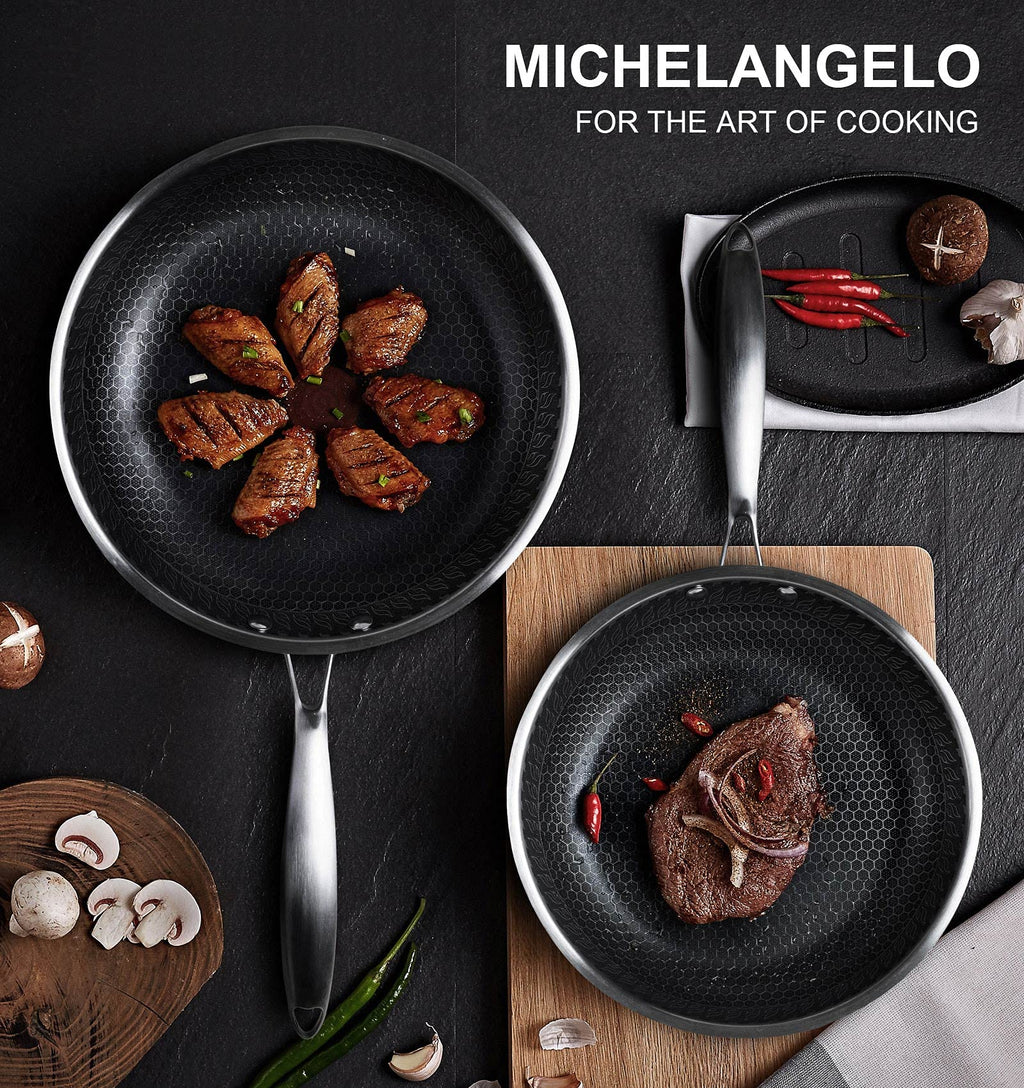 MICHELANGELO Stainless Steel Frying Pan Set with Lids, 9.5 & 11 Inch Frying Pans Nonstick, Stainless Steel Fry Pan Set, Honeycomb Pans for Cooking, Skillet with Lid - Induction Compatible