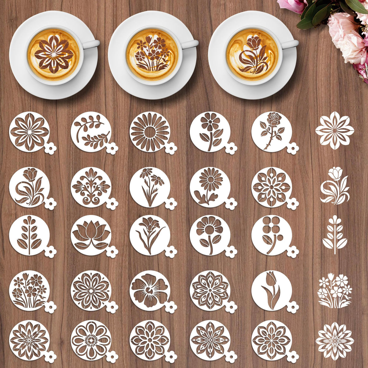 Sitsink Mandala Flower Coffee Stencils - 25 Pcs Stencils for Cookies Sourdough Bread Decor, Reuable Template for Crafts Floral Design
