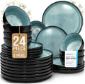 24 Piece Stoneware Dinnerware Set for 8 - Handmade Reactive Glaze Plates and Bowls Set - Chip & Scratch Resistant Dish Set - Dishwasher Microwave Safe - Black and Petrol Blue
