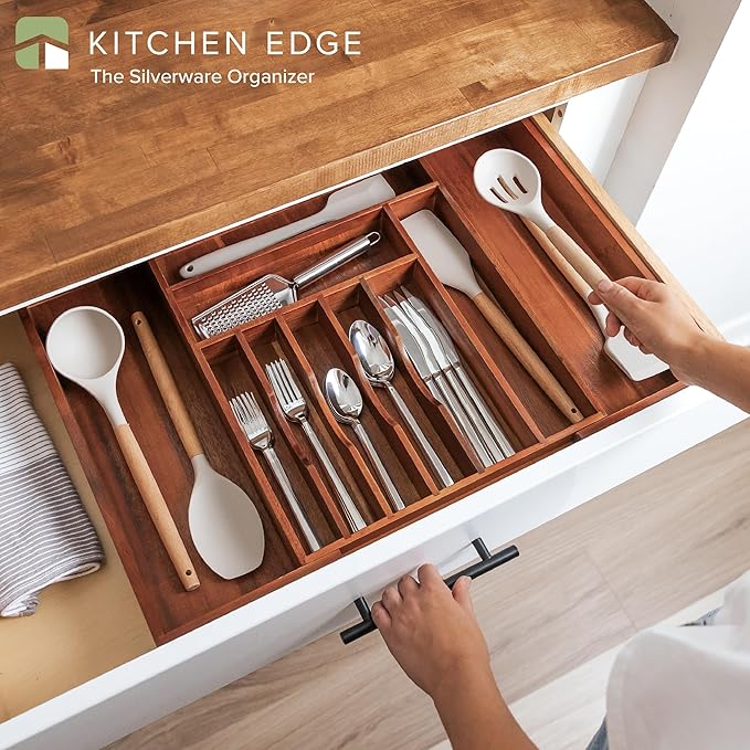 KitchenEdge Silverware & Utensil Drawer Organizer, 14.5-25 in, Acacia