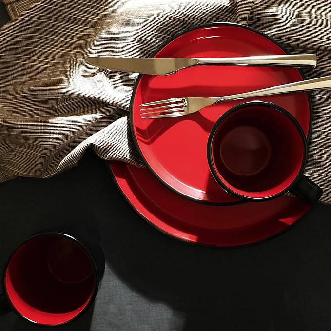 Stone Lain Albie Stoneware 16 Piece Modern Dinnerware Set, Kitchen Plates and Bowls Sets, Service for 4, Red and Black, Microwave & Dishwasher Safe