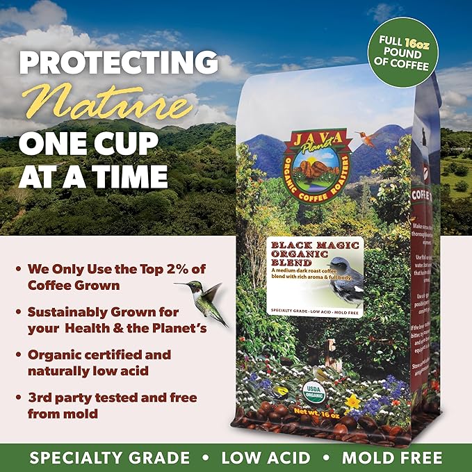 Java Planet Low Acid Organic Coffee, Black Magic, Medium Dark Roast, 16 oz