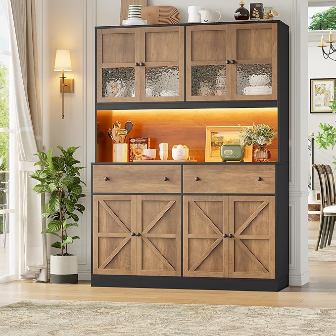 FINETONES 71" Pantry Cabinet with LED Light and Charging Station