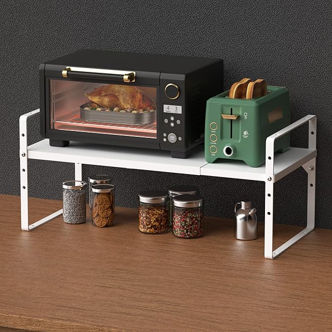 GEDLIRE Expandable Kitchen Cabinet Shelf Organizers, Stackable Metal Pantry Storage Shelves Rack, Adjustable Counter Spice Shelf for Cabinets, Countertop, Cupboard Organizers and Storage, White