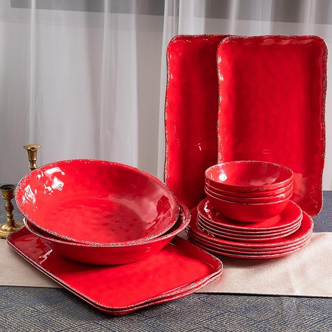 ZAROCRUS Christmas Large Melamine Serving Tray with Handle, Crackled Rustic Rectangle Melamine Serving Platter for Serving Food, Coffee Table Tray, Entertaining & Party Use, Set of 2, Christmas Red