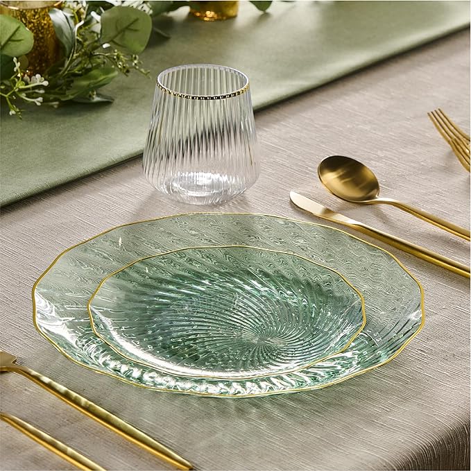 PLASTICPRO 30 Pack Plastic Plate Set of 15-10 inch Plates and 15-7 inch Plates, Elegant Clear Green Spiral and Gold Rim Disposable Fancy Plate Premium Heavyweight