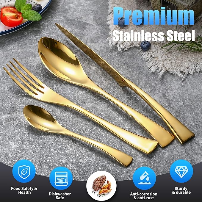 Lemeya 24 Pieces Gold Silverware Set for 6,Heavy Duty 18/10 Stainless Steel Flatware Set with Forged Stand Knife,Modern Cutlery Utensil Set,Mirror Polished,Dishwasher Safe