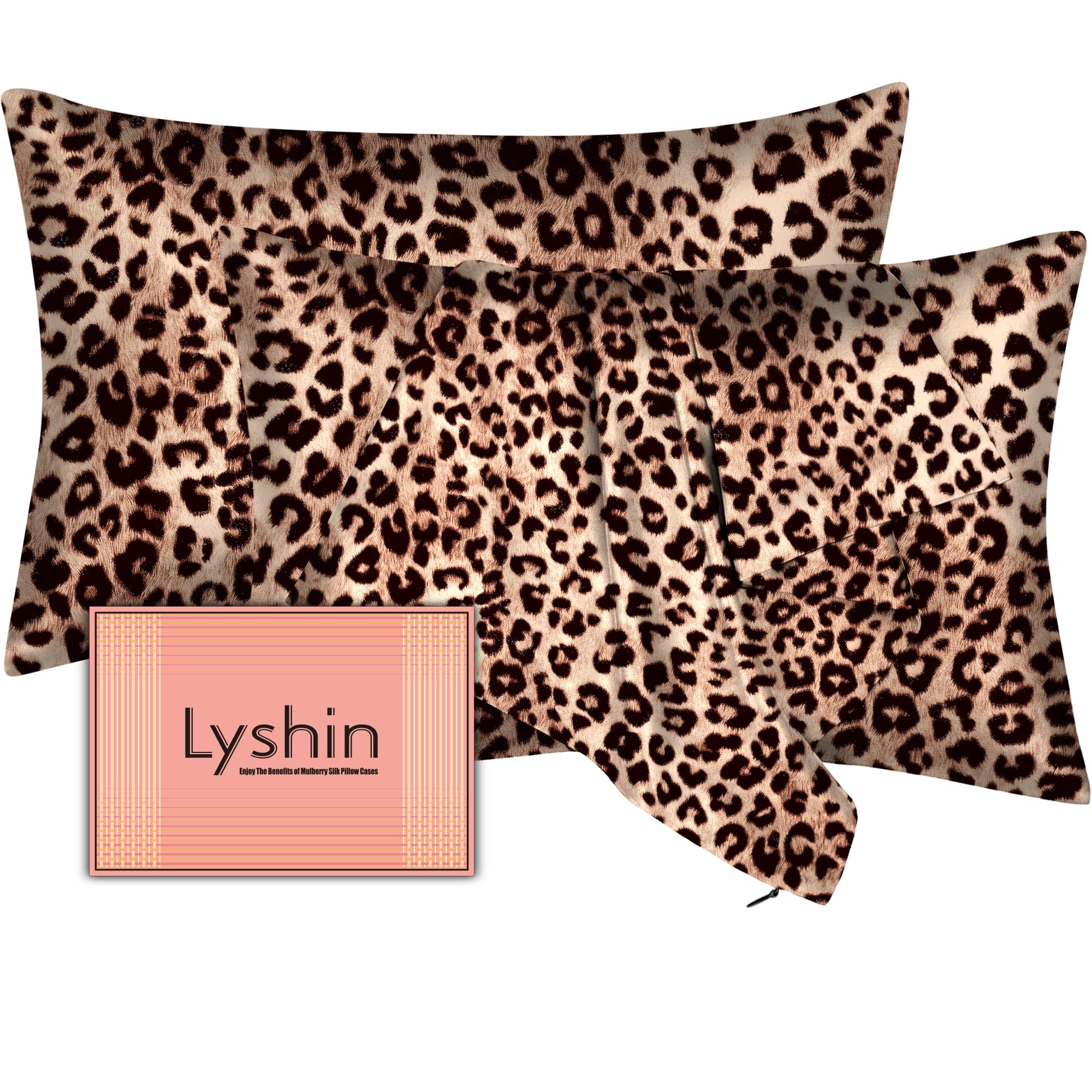 Silk Pillow Cases 2 Pack King Size with Hidden Zipper, Mulberry Silk Pillowcase for Hair and Skin, Smooth and Soft Breathable Cooling Silk Satin Pillowcase Set of 2, Gifts for Women，Leopard Brown