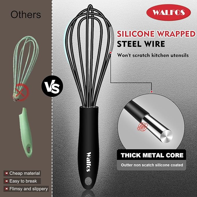 Walfos Whisk 5+7in Mini Whisk,Silicone Whisks Non Scratch Heat Resistant (480°F). Nice for stirring individual eggs and mixing small amounts of powder and sauce.Dishwasher Safe.Black